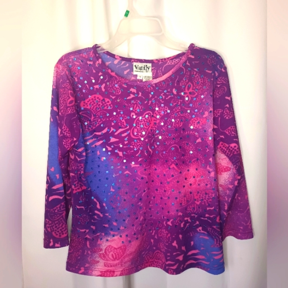 Vintage Vanity Y2K Mesh Sequin Top Juniors XL Pink Purple Fairy Cyber Goth Rave